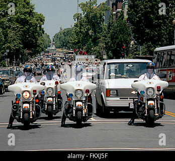 Washington, DC, USA, 31th May, 1990 Washington Metropolitan DC Police along with US. Park Police motorcycles provide escorts for Russian President Mikhail Sergeyevich Gorbahev motorcades  as he rides back and forth from the Russian Embassy building on 16th street to the White House for summit meetings with President George H.W. Bush.  Credit: Mark Reinstein Stock Photo