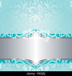 Retro floral blue green Turquoise & silver holiday vintage invitation background design Stock Vector