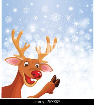 Reindeer Rudolph in corner of Christmas snowflake background Stock Vector