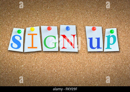 Close-up of words “Sign-up” on cork billboard with sticky notes and colored pins Stock Photo