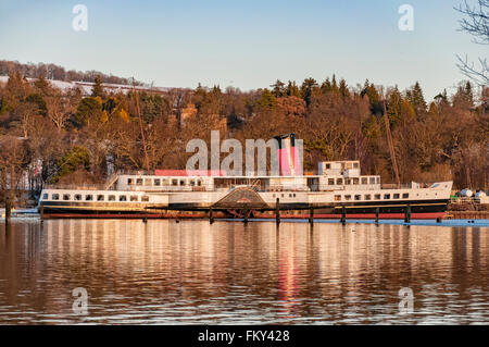 A view of the maid of the loch paddle steamer from across loch lomond near the scottish town of balloch. Stock Photo