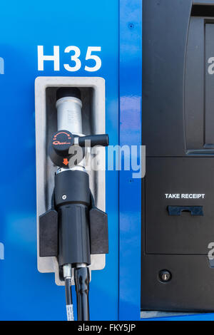 A public hydrogen fueling station, for hydrogen powered automobiles, with two pumps in Santa Barbara, California. Stock Photo