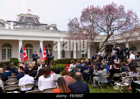 Washington, DC, USA. 10th Mar, 2016. U.S. President Barack Obama and Canadian Prime Minister Justin Trudeau attend a joint press conference at the White House in Washington, DC, the United States, March 10, 2016. Credit:  Yin Bogu/Xinhua/Alamy Live News Stock Photo