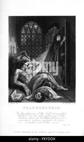 Frankenstein by Mary Shelley. Theodore von Holst's illustration on the inside cover of the 3rd edition of Mary Shelley's 'Frankenstein', published in 1831. Stock Photo