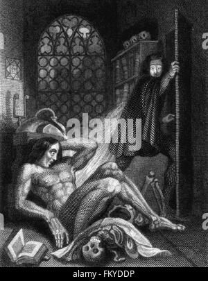 Frankenstein by Mary Shelley. Theodore von Holst's illustration on the inside cover of the 3rd edition of Mary Shelley's 'Frankenstein', published in 1831. Stock Photo