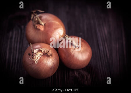 Three golden onions on dark wooden background Stock Photo