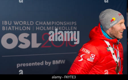 Holmenkollen, Oslo, Norway. 10th Mar, 2016. IBU Biathlon World Cup. Simon Eder of Austria bronze medal at the podium Medal Ceremony during the IBU World Championships Biathlon 2016 in Holmenkollen Oslo, Norway. Credit:  Action Plus Sports/Alamy Live News Stock Photo