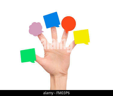 Multi-colored stickers on fingers of the hand. Stock Photo