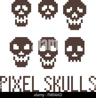 Set of six pixel skulls. Vector. Stock Vector