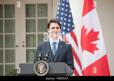 Washington DC, USA. 10th March, 2016. - White House Rose Garden  Prime Minister Justin Trudeau attends a joint press conference with President Barack Obama at the White House. Credit:  Patsy Lynch/Alamy Live News Stock Photo