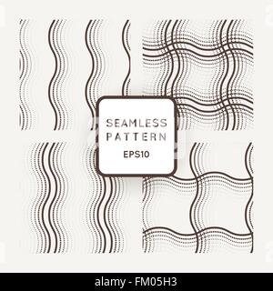 Vector set of seamless geometric patterns of wavy lines and points Stock Vector
