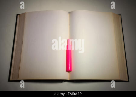 Blank white pages in an open hardcover book. Stock Photo