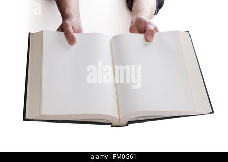 Blank white pages in an open hardcover book. Stock Photo