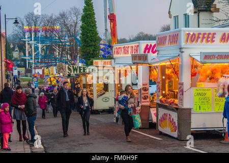 Stamford, Lincs, UK. 10th March 2016. Mid Lent Fair in Stamford town centre in the county of Lincolnshire, UK, attracted a lot of visitors to the attractions and stalls at the fair. The smells and the fairground rides made a great atmosphere in the town centre. Credit:  Jim Harrison/Alamy Live News Stock Photo