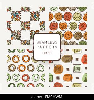 Vector set of seamless geometric patterns of crooked rings, circles, square spirals and leaves Stock Vector