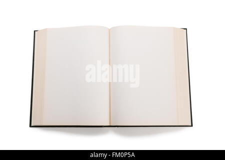 Blank white pages in an open hardcover book isolated on a white background. Stock Photo