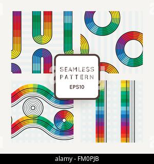 Set of vector seamless patterns of striped geometric shapes with colored dies Stock Vector