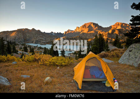 WYOMING - Campsite overlooking Island Lake and up into Titcomb Basin in the Bridger Wilderness area of the Wind River Range. Stock Photo