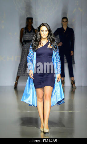 Johannesburg, South Africa. 10th Mar, 2016. A pregnant model presents a creation by local designer Khosi Nkosi on the opening day of Mercedes-Benz Fashion Week Joburg 2016 at Nelson Mandela Square in Johannesburg, South Africa, on March 10, 2016. The Mercedes-Benz Fashion Week Joburg 2016, the largest and leading one in Africa, kicked off here Thursday. Creations by nearly 20 South African fashion designers are scheduled to be presented in 14 shows of the following three days. Credit:  Zhai Jianlan/Xinhua/Alamy Live News Stock Photo