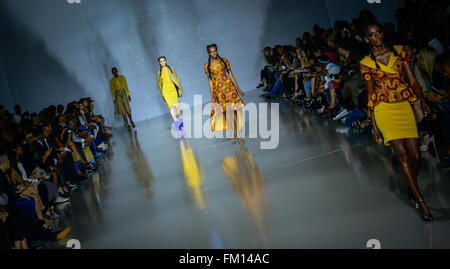 Johannesburg, South Africa. 10th Mar, 2016. Models present creations by local designer Khosi Nkosi on the opening day of Mercedes-Benz Fashion Week Joburg 2016 at Nelson Mandela Square in Johannesburg, South Africa, on March 10, 2016. The Mercedes-Benz Fashion Week Joburg 2016, the largest and leading one in Africa, kicked off here Thursday. Creations by nearly 20 South African fashion designers are scheduled to be presented in 14 shows of the following three days. Credit:  Zhai Jianlan/Xinhua/Alamy Live News Stock Photo