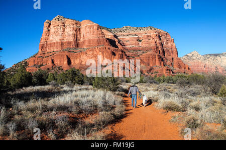 Hiker and dog walk toward the Courthouse Butte at sunset Stock Photo