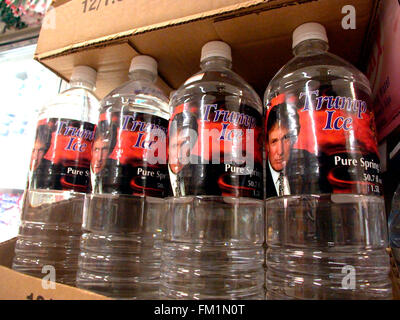 A display of 'Trump Ice' bottled water is seen in a supermarket on February 22, 2004. The bottled water is a tie-in with the hit Donald Trump/ NBC television program 'The Apprentice'. (© Richard B. Levine) Stock Photo