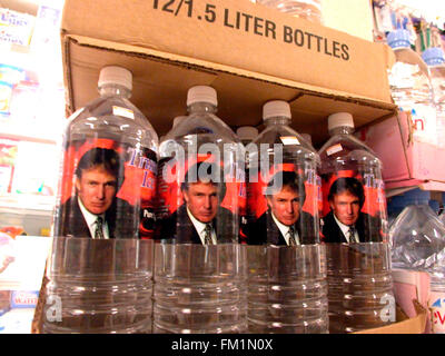 A display of 'Trump Ice' bottled water is seen in a supermarket on February 22, 2004. The bottled water is a tie-in with the hit Donald Trump/ NBC television program 'The Apprentice'. (© Richard B. Levine) Stock Photo