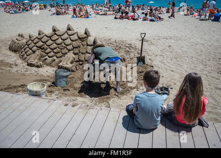 Sand sculpture at Barceloneta beach in Barcelona, Spain Stock Photo