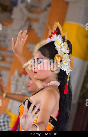 Indonesia, Bali, Girls Dressed in Traditional Dancing Costume, Legong Dancers with Frangipani floral headdress. Stock Photo