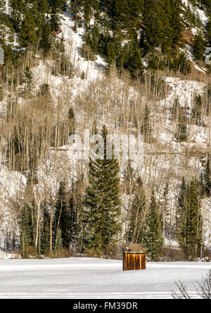 Outhouse in winter at the bottom of a snow covered mountain Stock Photo