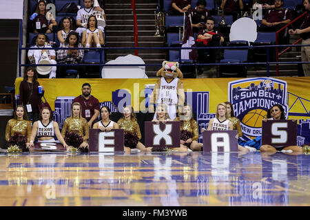 New Orleans, LA, USA. 10th Mar, 2016. Texas State Bobcats cheerleaders during an NCAA basketball game between the Texas State Bobcats and the Georgia State Panthers at the UNO Lakefront Arena in New Orleans, LA. Stephen Lew/CSM/Alamy Live News Stock Photo
