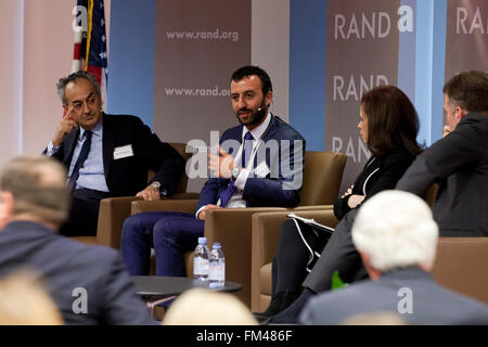 Hamid Biglari, Alireza Nader and Robin Wright speaking at Iran Deal conference - RAND Corporation, Arlington, Virginia USA Stock Photo