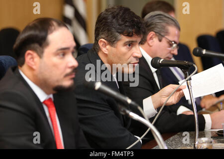 (160310) -- RIO DE JANEIRO, March 10, 2016 (Xinhua) -- Sao Paulo's Prosecutors Fernando Henrique de Moraes Araujo (L), Cassio Roberto Conserino (C) and Jose Carlos Blat take part in a press conference on the accusation of the prosecutor's office against former Brazilian President Luiz Inacio Lula da Silva, at the Public Ministry of Sao Paulo, Brazil, on March 10, 2016. Prosecutors in the Brazilian state of Sao Paulo requested Thursday that former President Luiz Inacio Lula da Silva be arrested to allow for more time to investigate suspected charges of money laundering and bearing false witness Stock Photo