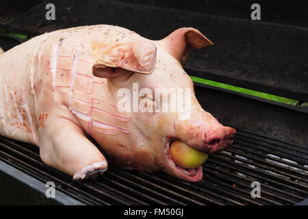 young pig prepared to be cooked on a big grill Stock Photo