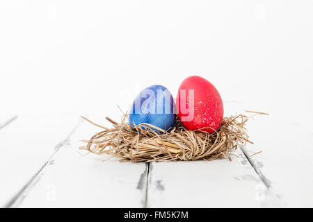 two colored eggs in a bird nest Stock Photo