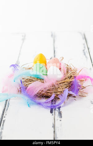 four pastel colored eggs in a bird nest with feathers on white vintage wooden background Stock Photo