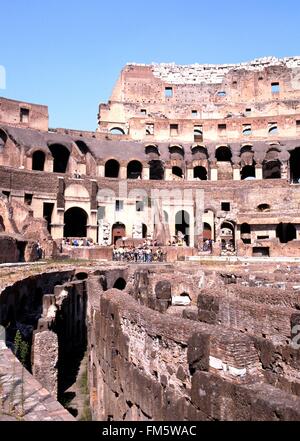 View of the inside of the Roman Colosseum showing the underground chambers (originally the Flavian Amphitheatre), Rome, Italy.