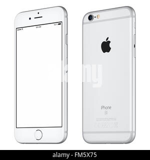 Varna, Bulgaria - October 24, 2015: Front view of Silver Apple iPhone 6S mockup slightly clockwise rotated with white screen Stock Photo