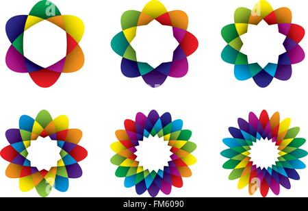 Rainbow colored geometric flower symbols with different numbers of petals Stock Vector