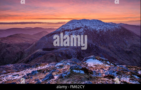 Winter dawn over Barrslievenaroy, Maumturk Mountains, Connemara, County Galway, Ireland. Stock Photo