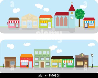 Small town main street with shops, church, bar and public buildings. Stock Vector