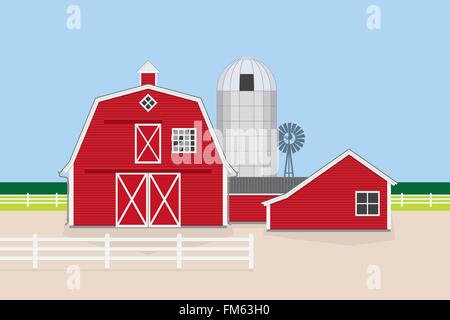 Vector Illustration of classic american farm with red barn, farm house, silo and windmill. Flat design, no gradients. Stock Vector