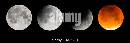 Four stages of the moon, resulting in a Supermoon, during a total lunar eclipse in Wales, September Stock Photo