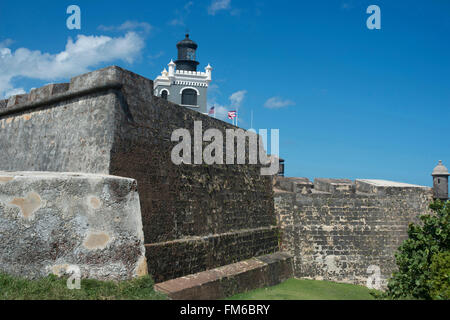 A view of parts of the El Morro Fort in San Juan, with parts of the architecture in view. Stock Photo