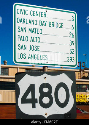 Road sign for Civic Centre, Oakland, San Mateo, Palo Alto, San Jose and Los Angeles Stock Photo