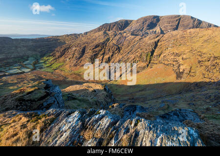 Morning light over Coomgira and Hungry Hill, Beara Peninsula, County Cork, Ireland. Stock Photo