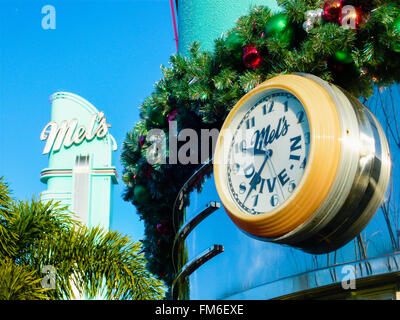 Clock at Mel's Drive-In American Diner. Stock Photo