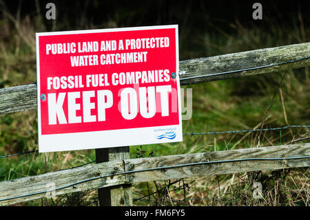 Sign erected by protesters warning oil and gas drilling companies to keep out of public land and protected water catchment area. Stock Photo