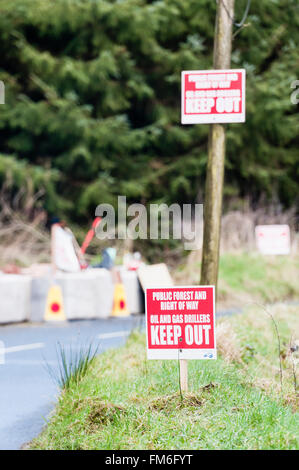 Sign erected by protesters warning oil and gas drilling companies to keep out of public land and protected water catchment area. Stock Photo