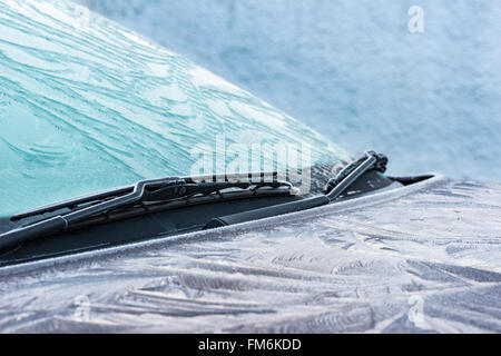 Ice crystals in intricate detail on a car windshield. Brecon Beacons, February Stock Photo